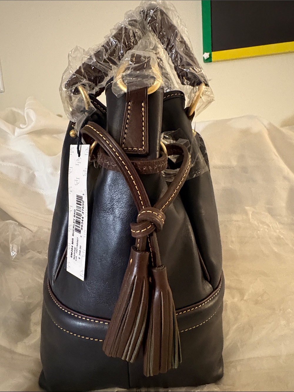 Dooney & Bourke Black Leather Bucket Tote with Brown Trim - Picture 5 of 6